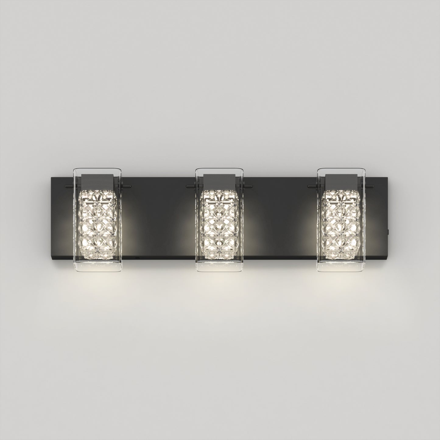 The Artika Crystal Cube LED bathroom vanity light 5 CCT features three crystal-enclosed lights on a sleek black base, wall-mounted and illuminated against a plain white background.