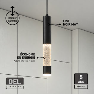 Modern cylindrical black Mist LED pendant light with an illuminated glass section and adjustable cord, featuring energy-saving and warranty benefits.