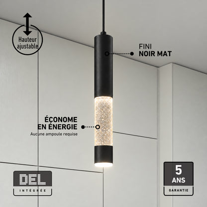 Modern cylindrical black Mist LED pendant light with an illuminated glass section and adjustable cord, featuring energy-saving and warranty benefits.