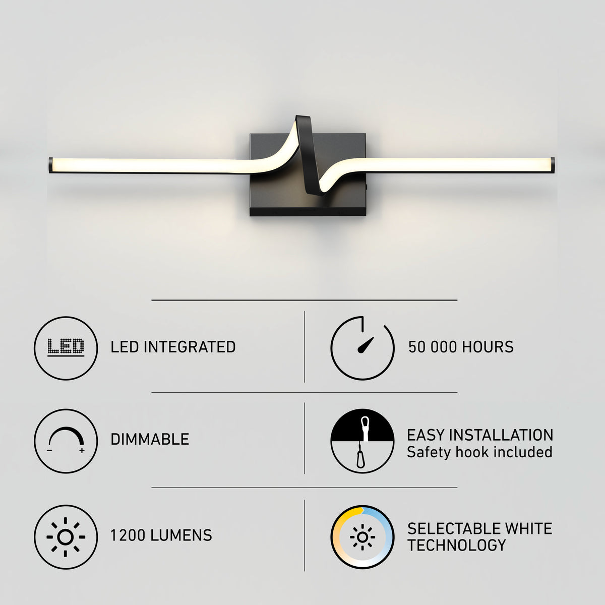 Modern wall-mounted LED light fixture with a wavy bar design, shown above icons and text highlighting features: LED integrated, 50,000 hours, dimmable, 1200 lumens, easy installation, selectable white technology.