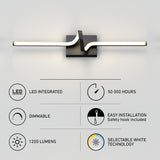Modern wall-mounted LED light fixture with a wavy bar design, shown above icons and text highlighting features: LED integrated, 50,000 hours, dimmable, 1200 lumens, easy installation, selectable white technology.