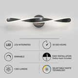 Modern LED wall light with a twisted design above icons and text highlighting features: LED integrated, 50,000 hours lifespan, dimmable, easy installation, 1300 lumens, and selectable white technology.
