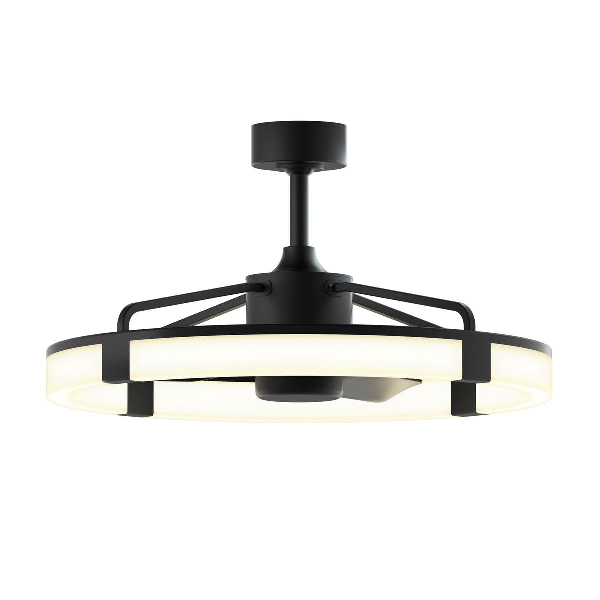 A modern black ceiling fan with a circular LED light ring and three blades, mounted on a short downrod against a white background.