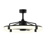 A modern black ceiling fan with a circular LED light ring and three blades, mounted on a short downrod against a white background.