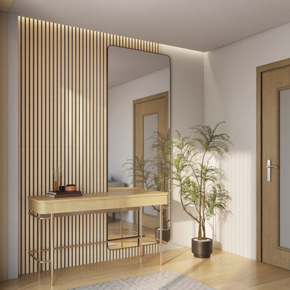 Modern entryway with a slatted wood accent wall, large rectangular mirror, minimalist wooden console table with decor, potted plant, and two wooden doors. Soft natural light brightens the space.