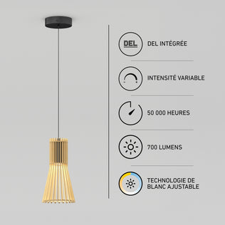 Kiyo modern LED pendant light 3 CCT in a slat style with icons for dimmability, 50,000-hour lifespan, 700 lumens, and 3 adjustable color temperatures.