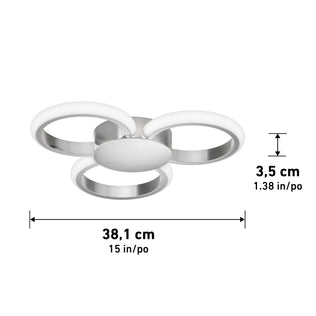 The Artika Nyala 15 in. LED flush mount light features three circular LED rings on a central base, measures 38.1 cm wide by 3.5 cm high, and comes in a white and metallic finish with adjustable color temperatures.