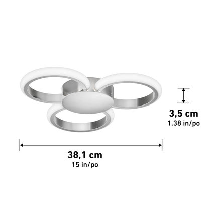 The Artika Nyala 15 in. LED flush mount light features three circular LED rings on a central base, measures 38.1 cm wide by 3.5 cm high, and comes in a white and metallic finish with adjustable color temperatures.