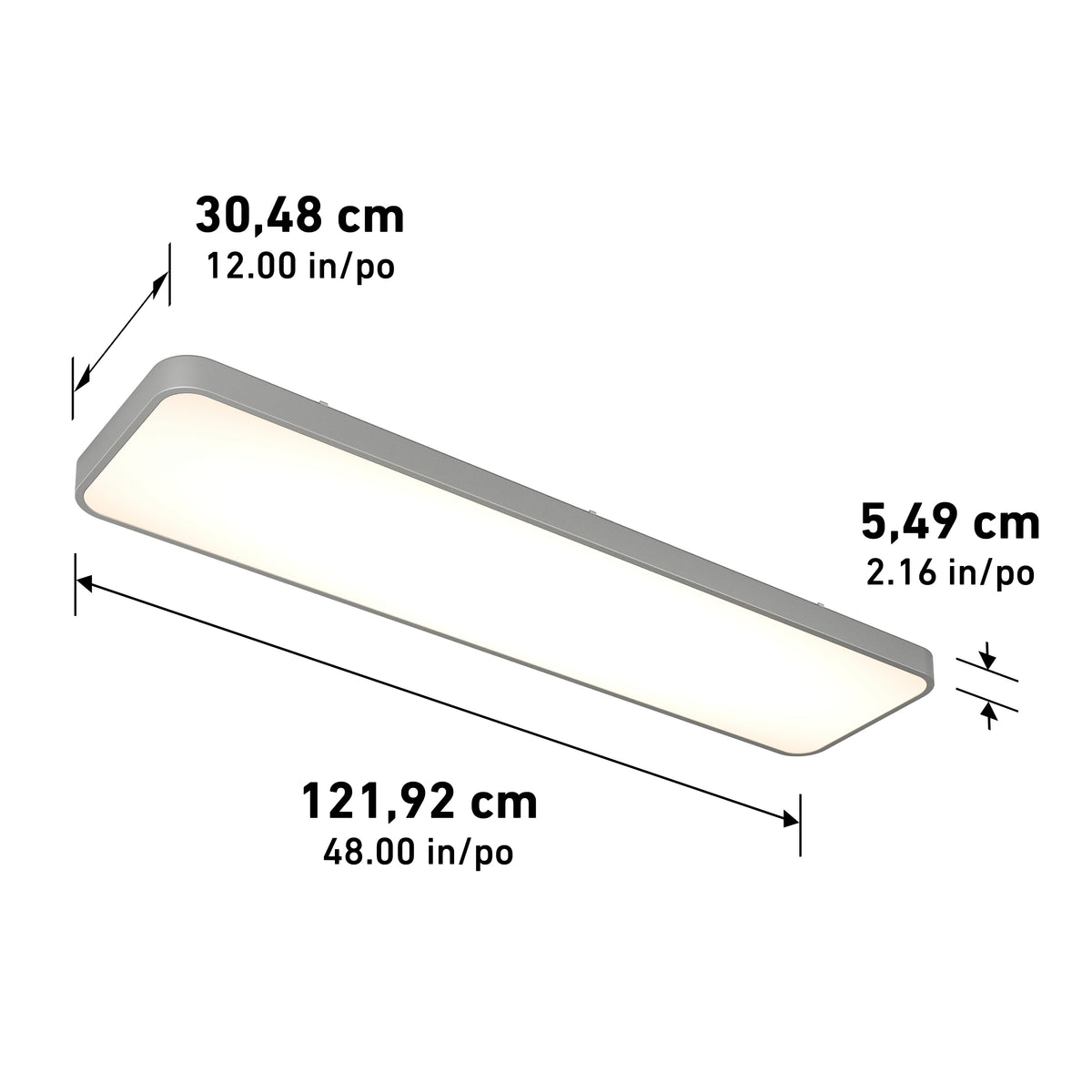 A rectangular LED ceiling light with dimensions labeled: 30.48 cm (12 in) wide, 121.92 cm (48 in) long, and 5.49 cm (2.16 in) high. The light has a modern, slim design.
