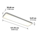 A rectangular LED ceiling light with dimensions labeled: 30.48 cm (12 in) wide, 121.92 cm (48 in) long, and 5.49 cm (2.16 in) high. The light has a modern, slim design.