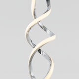 A modern pendant light with a twisted, spiral design featuring chrome and a glowing white LED strip, set against a plain light gray background.
