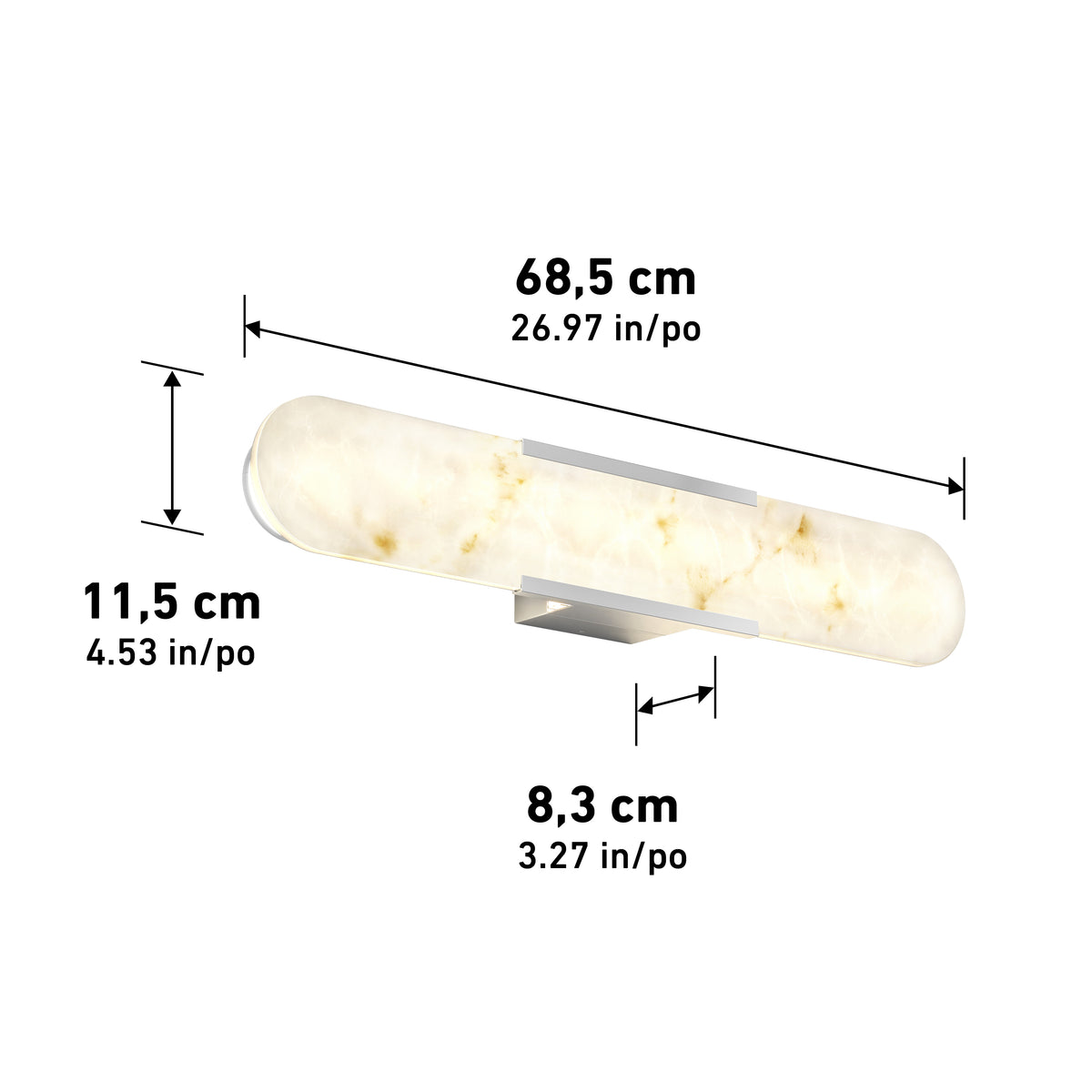 A wall-mounted light fixture with a rounded, elongated design, featuring dimensions: 68.5 cm (26.97 in) wide, 11.5 cm (4.53 in) tall, and 8.3 cm (3.27 in) deep. The fixture has a soft, white marbled appearance.