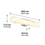 A wall-mounted light fixture with a rounded, elongated design, featuring dimensions: 68.5 cm (26.97 in) wide, 11.5 cm (4.53 in) tall, and 8.3 cm (3.27 in) deep. The fixture has a soft, white marbled appearance.
