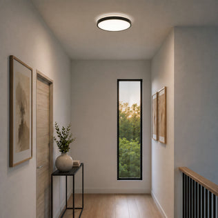 Bright hallway with wood flooring, framed art, a potted plant, and Artika’s Isara 12 in. RGBIC LED Flush Mount lighting.