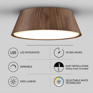 Artika Dunham 15 in. LED flush mount, 5 CCT, walnut finish; 2000 lumens, 50,000 hrs, selectable white.