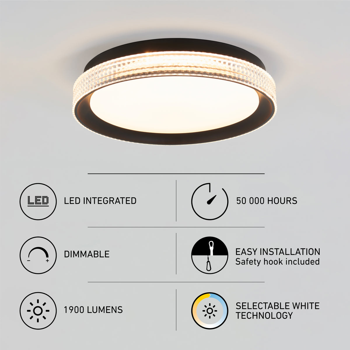 Modern ceiling light fixture with a crystal-like rim, glowing warmly. Icons highlight features: LED integrated, dimmable, 1900 lumens, 50,000 hours lifespan, easy installation, and selectable white technology.