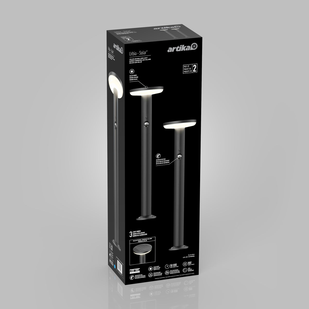 A black box shows the Artika Urbia Solar LED Bollard with Motion Sensor against a plain gray background.