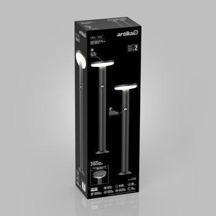A black box shows the Artika Urbia Solar LED Bollard with Motion Sensor against a plain gray background.