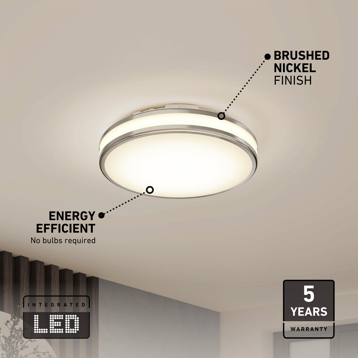 The Hemisphere 15 in. LED flush mount light by Artika is shown lit, featuring a modern round design and brushed nickel finish. It offers energy efficiency, adjustable brightness, 5 CCT options, integrated LED with no bulbs needed, plus a 5-year warranty—ideal for bathrooms.