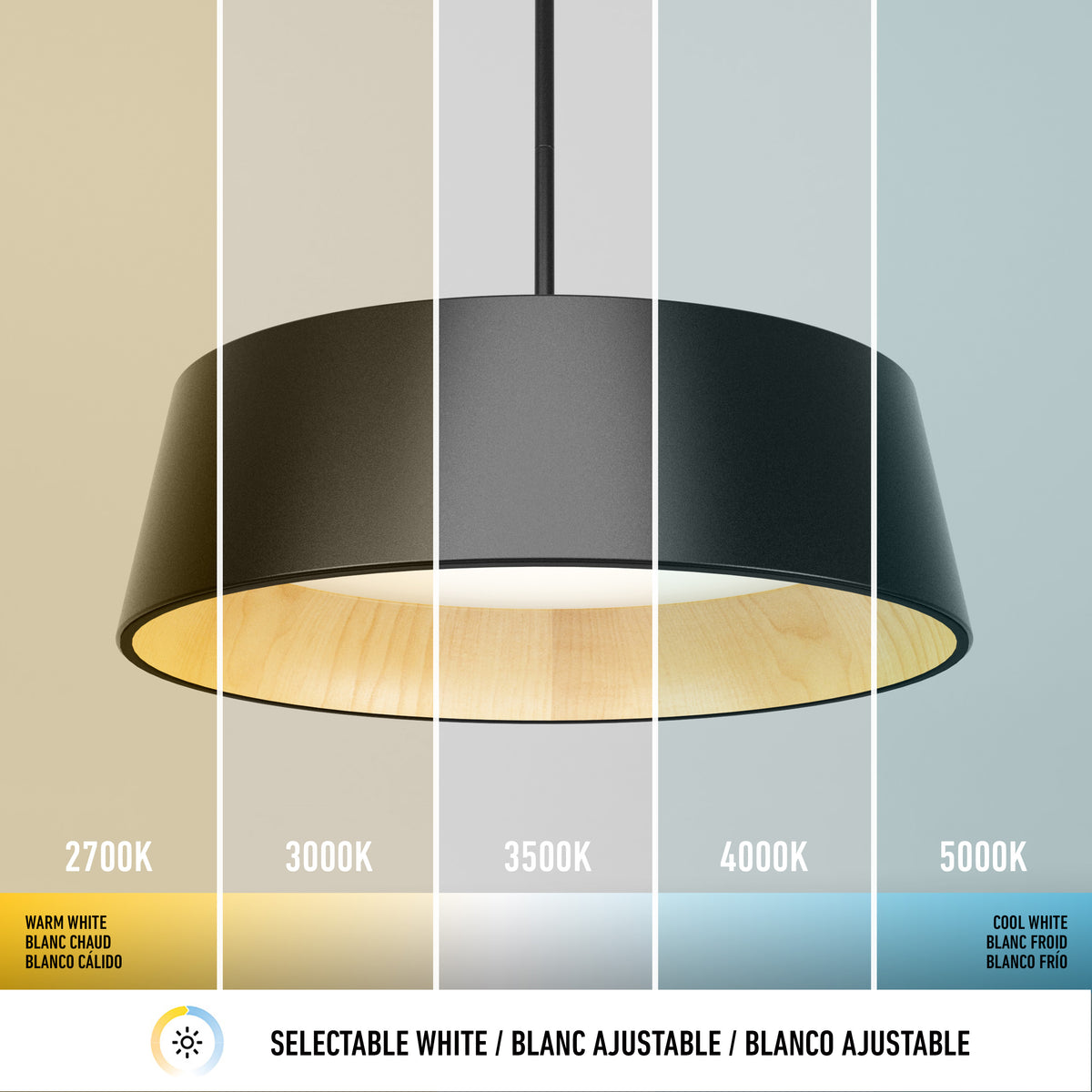 The Artika Alton modern LED pendant light 5 CCT is displayed against a gradient from warm white (2700K) to cool white (5000K), with text labeling each color temperature and a selectable white icon shown below.