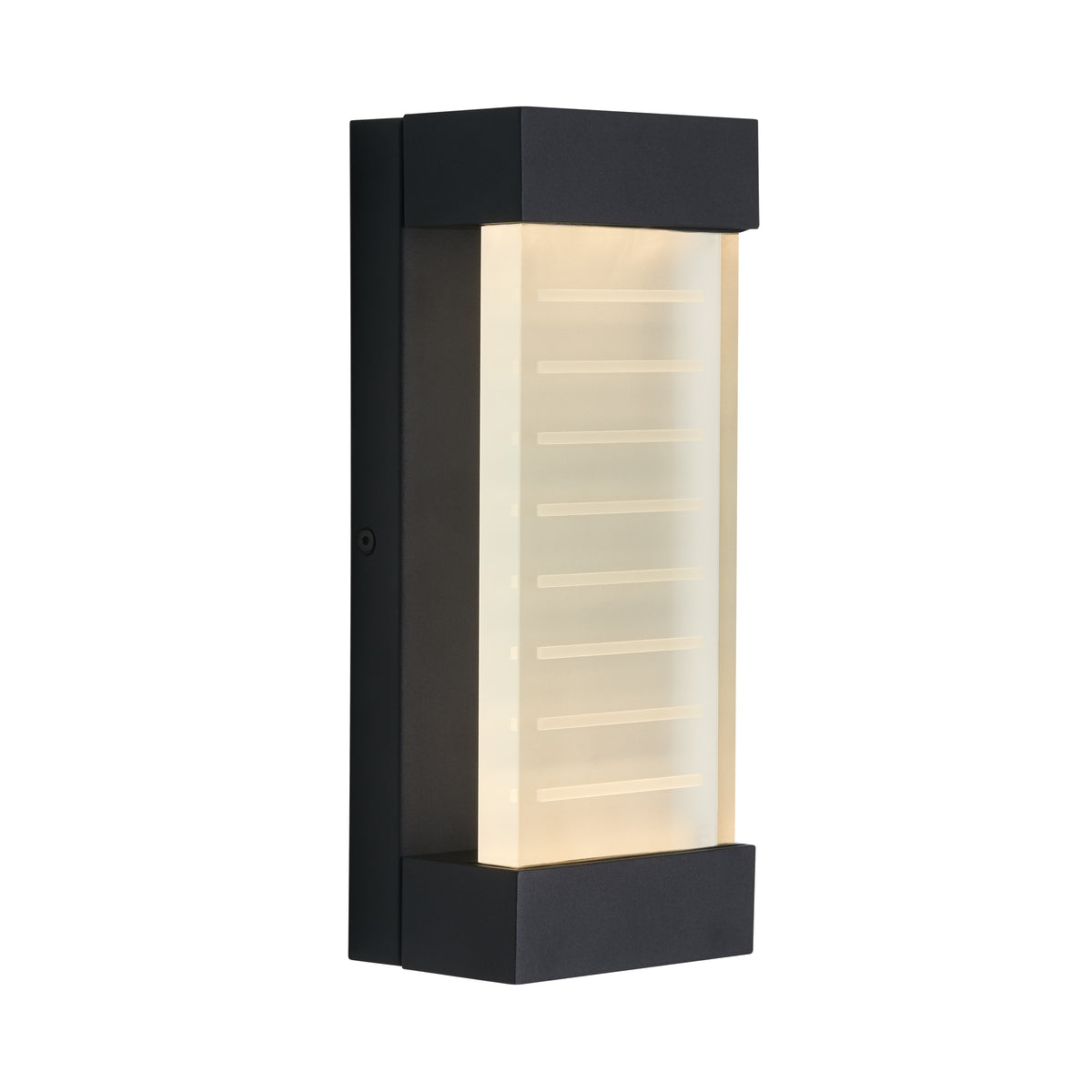 Rectangular black outdoor wall light with frosted glass front, horizontal etched lines, and top and bottom black end caps, emitting a warm glow.