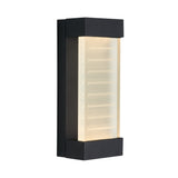 Rectangular black outdoor wall light with frosted glass front, horizontal etched lines, and top and bottom black end caps, emitting a warm glow.