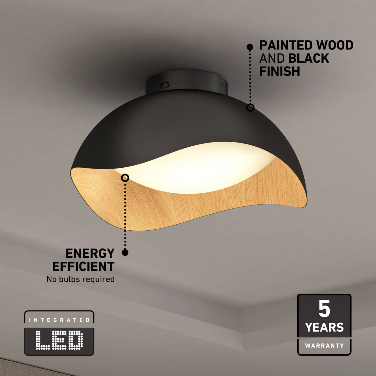 Modern ceiling light fixture with a black and wood finish, glowing warmly. Text indicates features: energy efficient integrated LED, no bulbs required, painted wood and black finish, and a 5-year warranty.