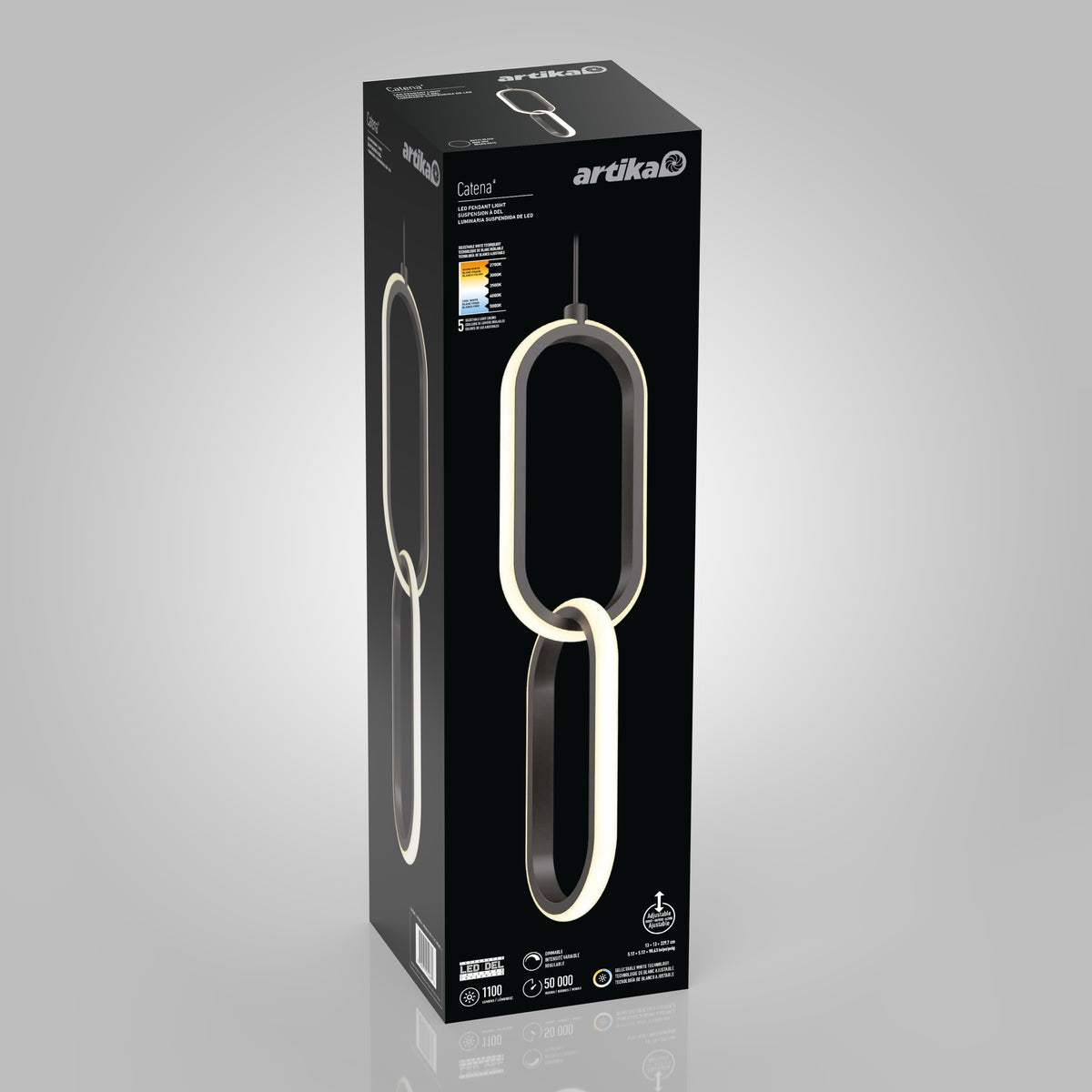 A black rectangular product box for the Artika Cetera LED pendant light, featuring an image of the modern, elongated loop-shaped light fixture and product details on the front.