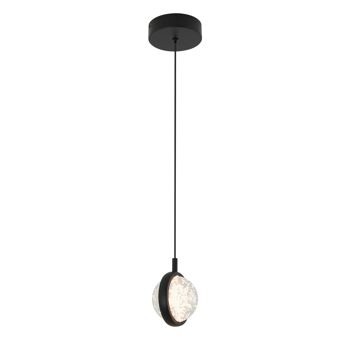 A modern pendant light with a black ceiling mount, a thin black cord, and a spherical, textured glass shade partially encased in a black frame.
