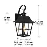 Black outdoor wall lantern with clear glass panels, shown with measurements: 47.4 cm tall, 14 cm wall mount height, 26.9 cm wide, and 23.5 cm deep. A vintage-style bulb is visible inside.