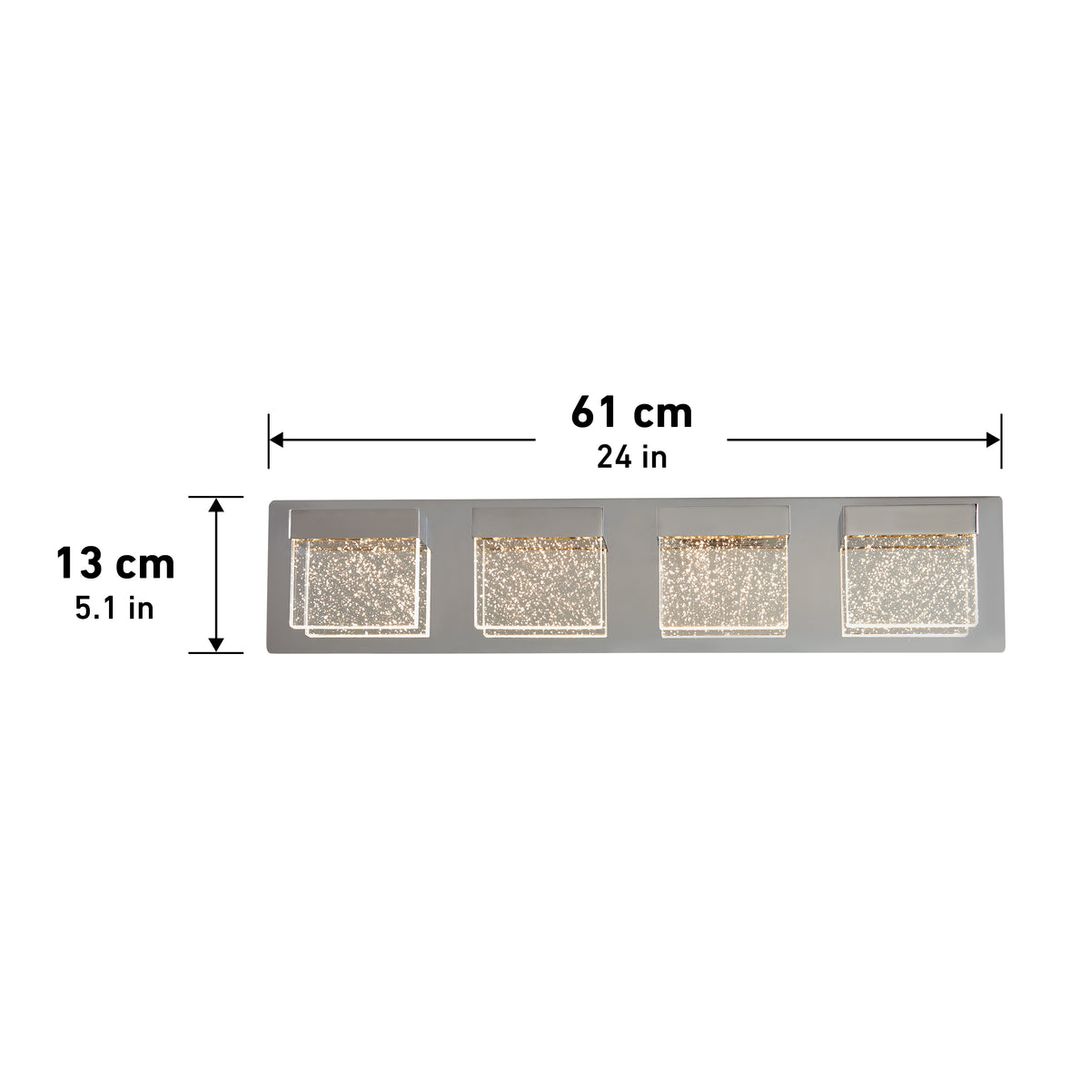 Rectangular light fixture with four square glass lights, shown with measurements: 61 cm (24 in) wide and 13 cm (5.1 in) tall. Black measurement arrows indicate the dimensions above and to the left of the fixture.