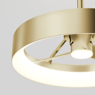 Close-up of the Artika Austin 23 in. LED modern ceiling fan, featuring a circular gold design with a glowing white LED ring and quiet motor, shown against a plain light gray background. Comes with remote control.