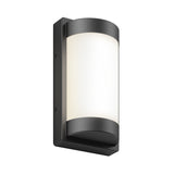 A modern wall sconce with a rectangular black frame and a cylindrical frosted white light diffuser, mounted vertically against a white background.