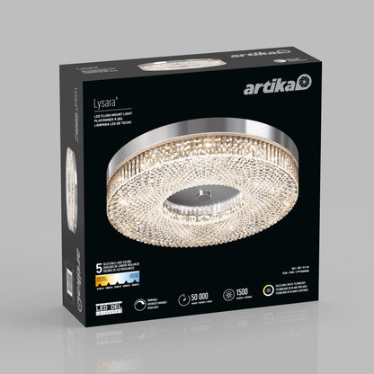The Artika FM Lysara 15 in. LED Fashion Flush Mount Ceiling Light 5 CCT is a circular, crystal-studded LED flush mount shown on its retail packaging.