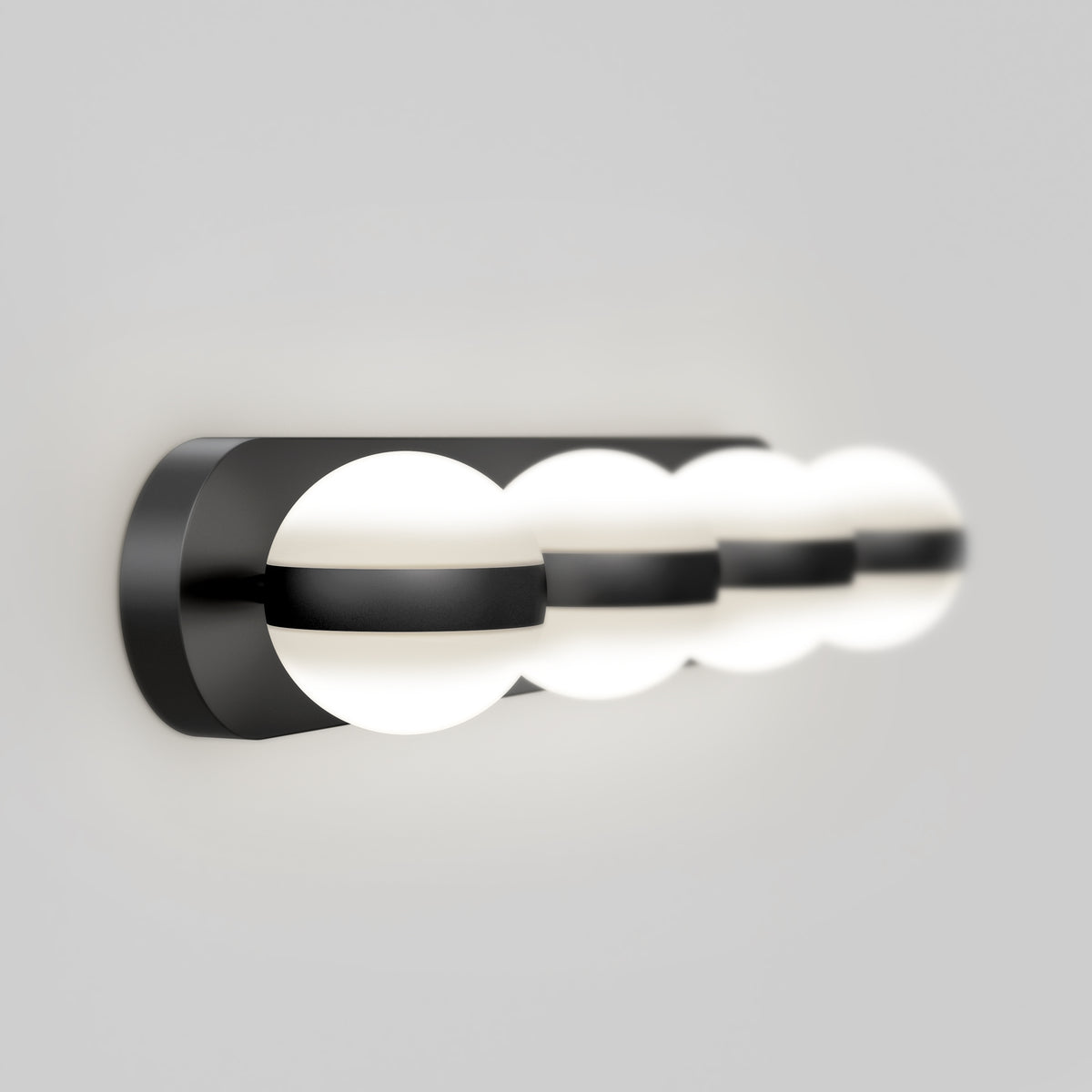 The Artika Baldric LED modern bathroom vanity light 3 CCT features three globes in a sleek black frame, ideal for mirror lighting.