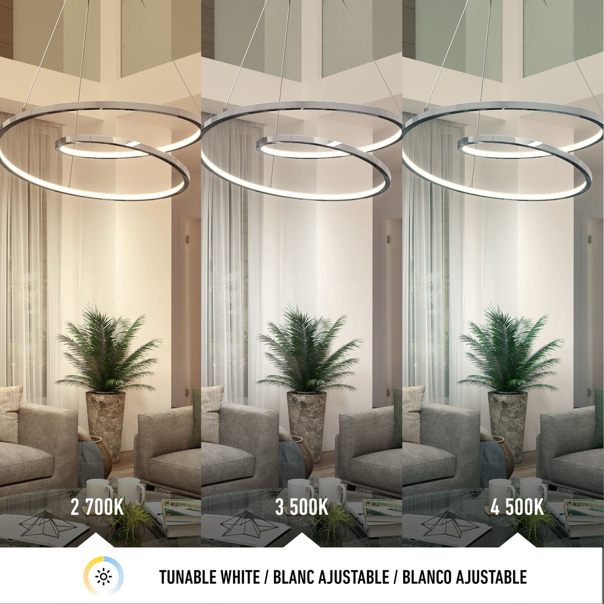 Three side-by-side images of a modern living room with a circular pendant light, each showing different light temperatures: warm (2700K), neutral (3500K), and cool white (4500K). A potted plant and grey furniture are visible.