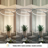 Three side-by-side images of a modern living room with a circular pendant light, each showing different light temperatures: warm (2700K), neutral (3500K), and cool white (4500K). A potted plant and grey furniture are visible.