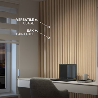 Artika Panolok 30.67 ft wall panel kit installed behind a desk, with text overlays reading Versatile usage and Oak paintable.