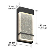 Rectangular black wall light with a frosted glass panel featuring bubble-like patterns. Dimensions are labeled: 30 cm (height), 14 cm (width), and 6 cm (depth), also shown in inches.