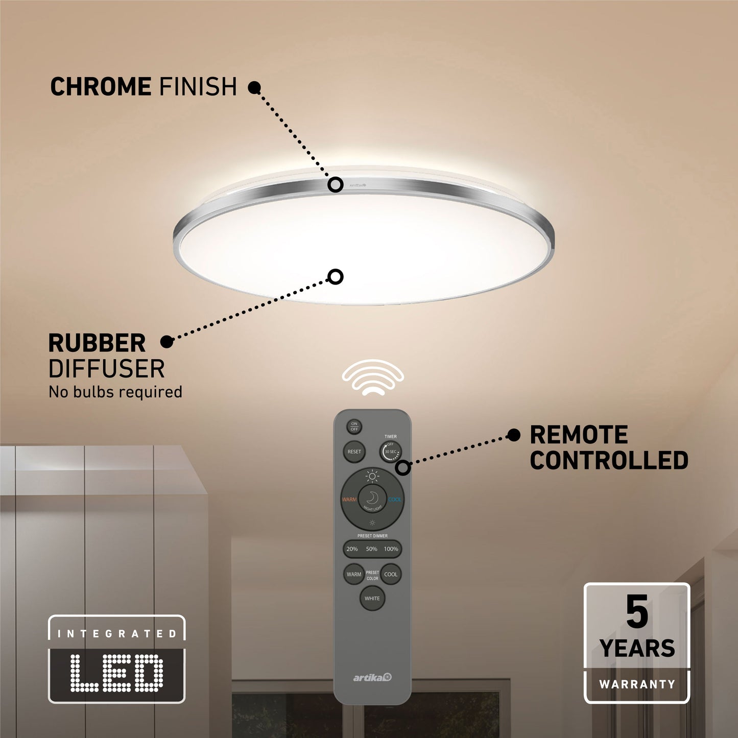 The Artika Europa 21 in. LED modern flush mount light features a chrome finish, rubber diffuser, and ceiling installation. It includes a remote control, integrated LED, and comes with a 5-year warranty.