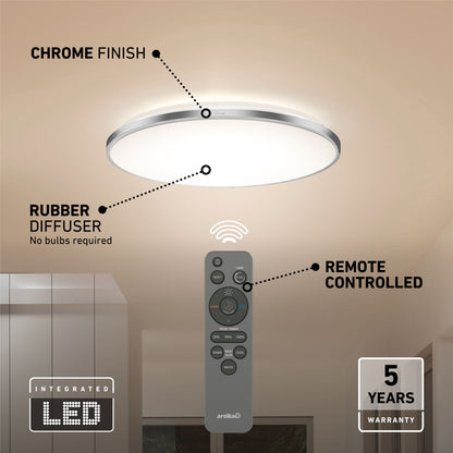 The Artika Europa 21 in. LED modern flush mount light features a chrome finish, rubber diffuser, and ceiling installation. It includes a remote control, integrated LED, and comes with a 5-year warranty.