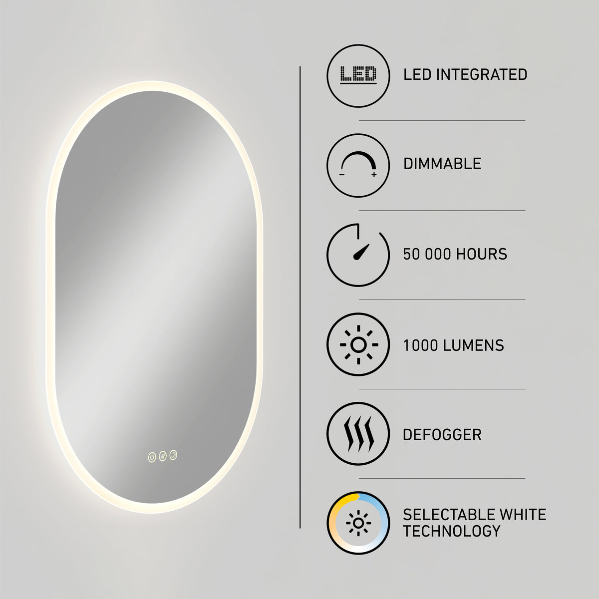 Artika Clara LED Mirror Oval 30x20″ with edge glow, 1000 lm, dimmable, defogger, selectable white, LED life: 50K hrs.
