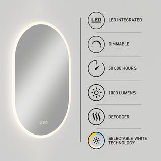 Artika Clara LED Mirror Oval 30x20″ with edge glow, 1000 lm, dimmable, defogger, selectable white, LED life: 50K hrs.