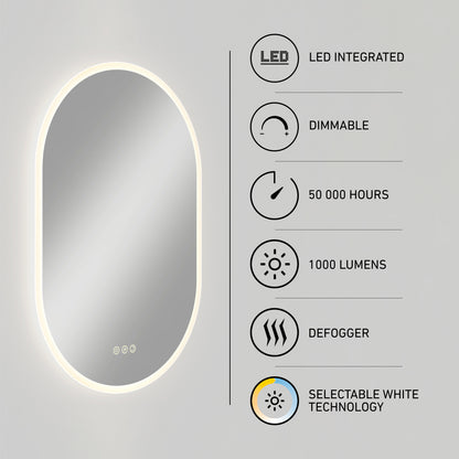 Artika Clara LED Mirror Oval 30x20″ with edge glow, 1000 lm, dimmable, defogger, selectable white, LED life: 50K hrs.