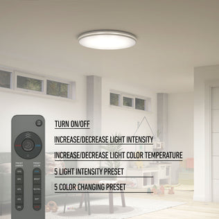 Artika GLOW 30″ LED Ceiling Light, 5 CCT, remote control, and lighting instructions up front—ideal for modern playrooms.