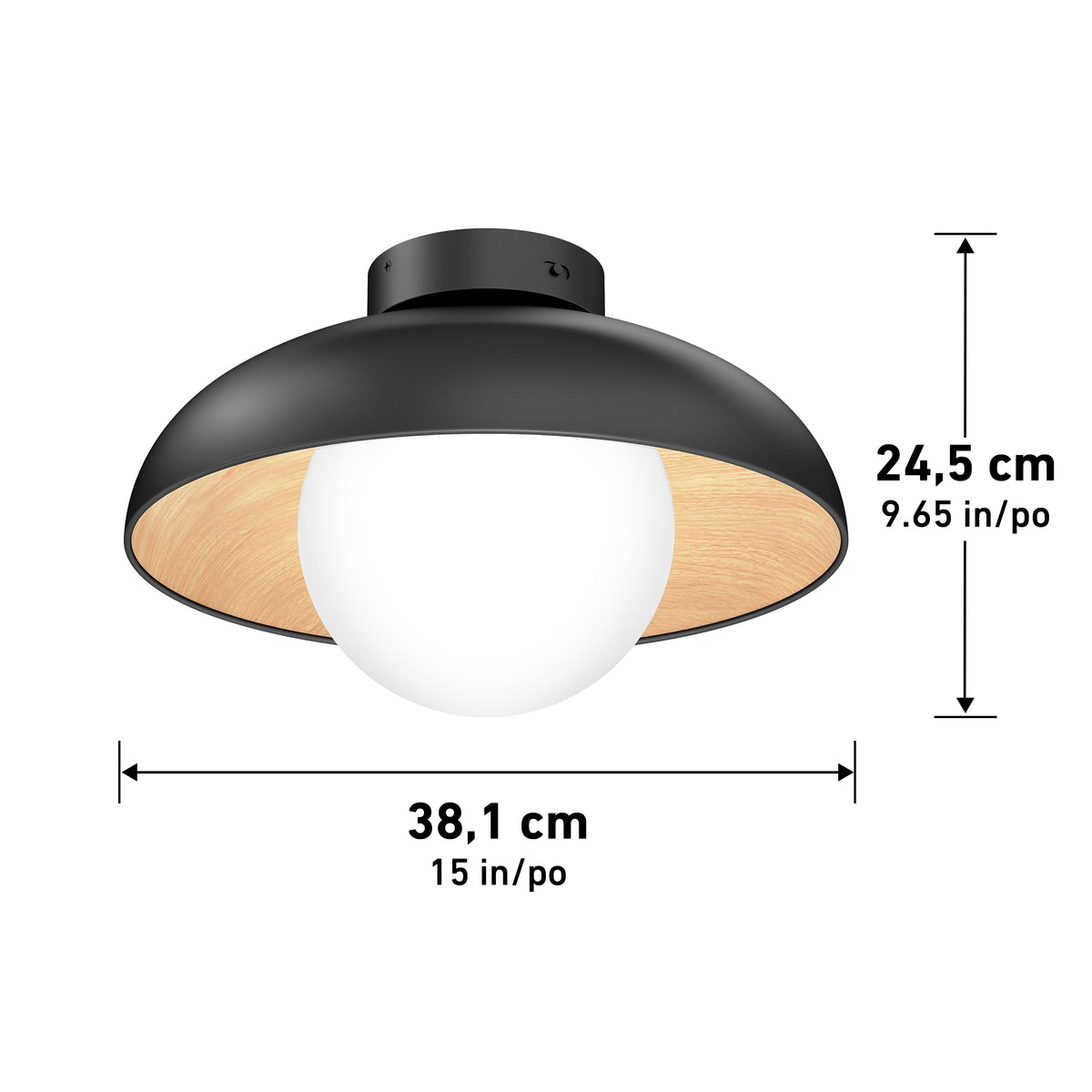 A black ceiling light fixture with a round white bulb and a wood-tone interior. Dimensions are shown: 24.5 cm (9.65 in) high and 38.1 cm (15 in) wide.