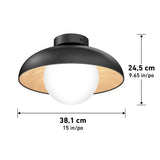 A black ceiling light fixture with a round white bulb and a wood-tone interior. Dimensions are shown: 24.5 cm (9.65 in) high and 38.1 cm (15 in) wide.