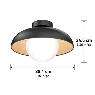 The Artika Boden LED flush mount light 5 CCT features a black exterior, wooden interior, round white bulb, and measures 24.5 cm tall by 38.1 cm wide.