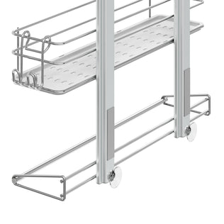 The Artika Camden Shower Caddy is a silver-finished, wire-frame storage rack with two shelves and plastic wheels at the base for easy sliding, designed to be installed inside a cabinet.