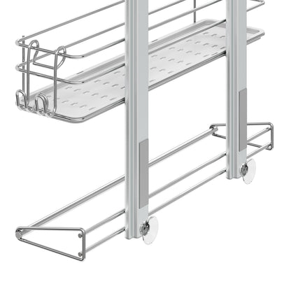The Artika Camden Shower Caddy is a silver-finished, wire-frame storage rack with two shelves and plastic wheels at the base for easy sliding, designed to be installed inside a cabinet.